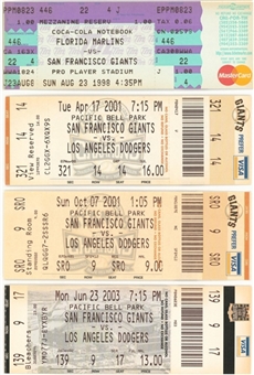 Lot of (4) Barry Bonds Ticket Stubs From 3 Home Runs Games & 500th Stolen Base